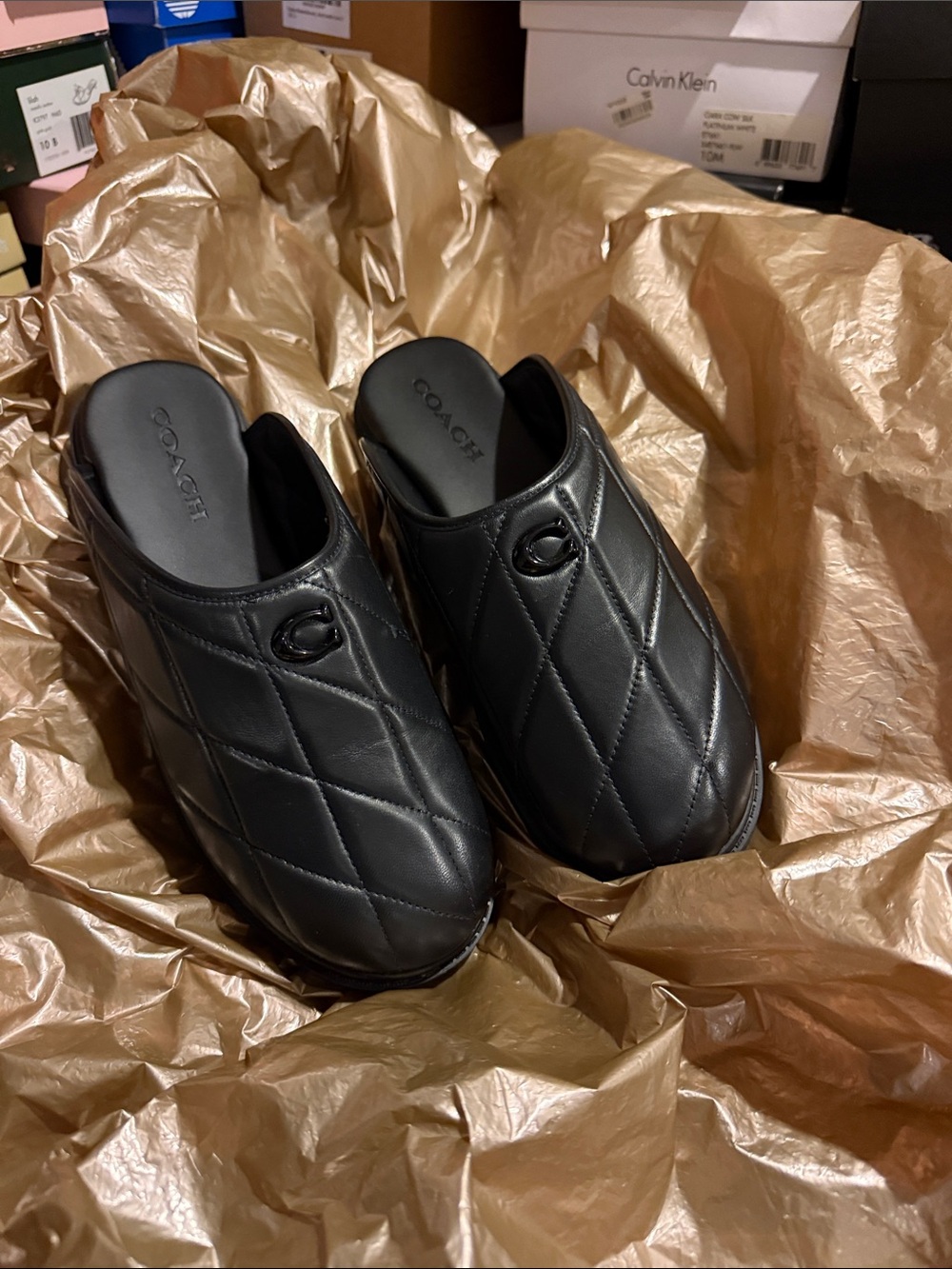 Coach Quilted Black Leather Slip-On Clogs